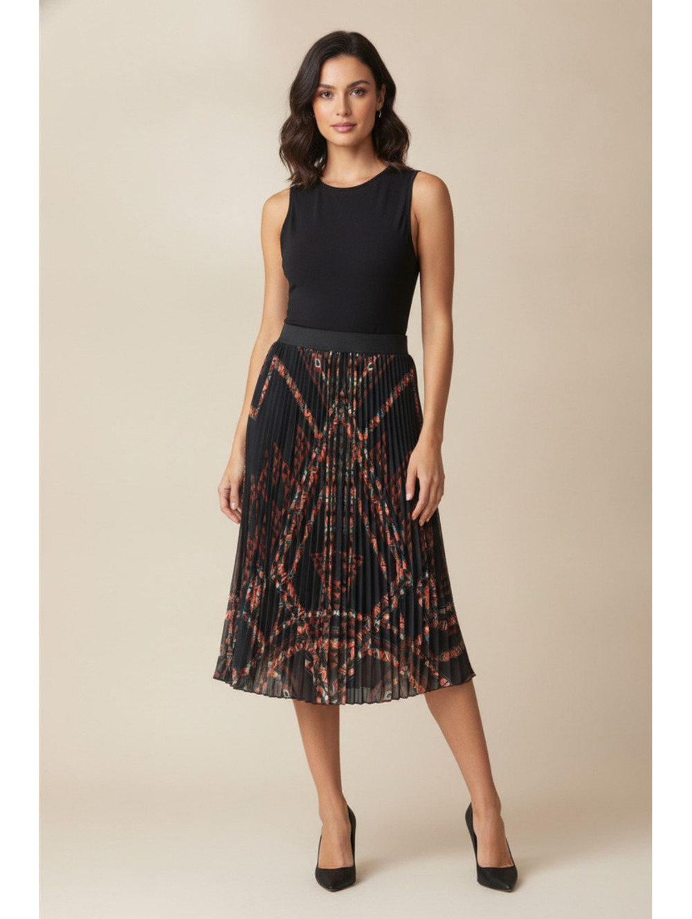 Marée Pour Toi Women's Pleated Midi Skirt Size 16 Black Geometric Print
